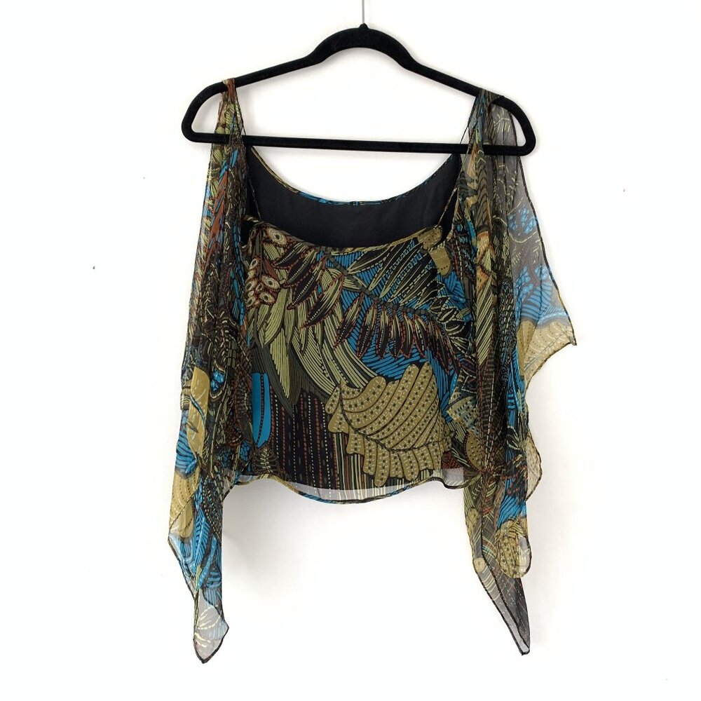MaxMara Sheer Botanical Print Flutter Draped Sleeve Silk Blouse US 6 Y2K Top